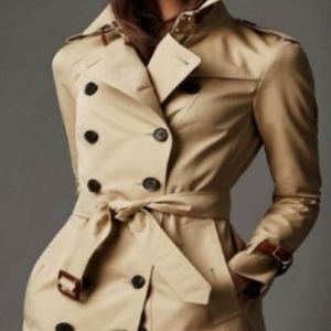 Boutique Trench Coat Plaid Lining Leather Cuffs 6